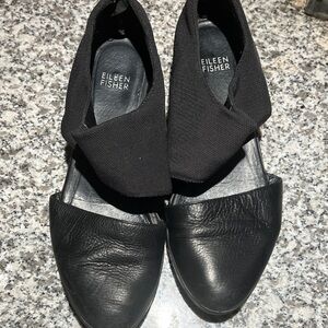 Size 8 Eileen Fisher Allot Tumbled Ballet Flats black leather mesh ankle strap